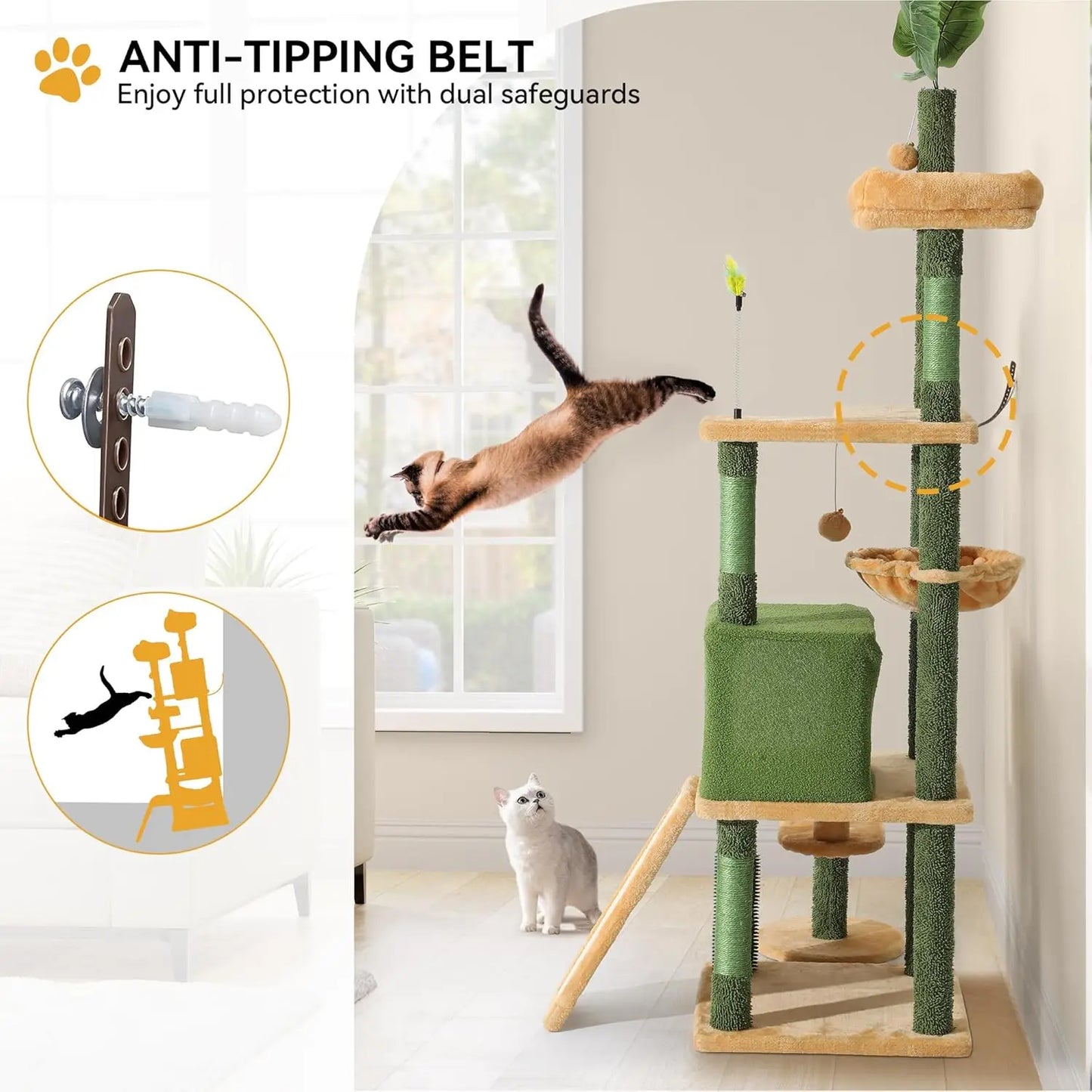 Tall Cat Tree Tower with Leaves for Indoor Cats, 72.8in Cute Cat Climbing Tower with Self-Grooming Brush, Cat Condo, Top Perch,