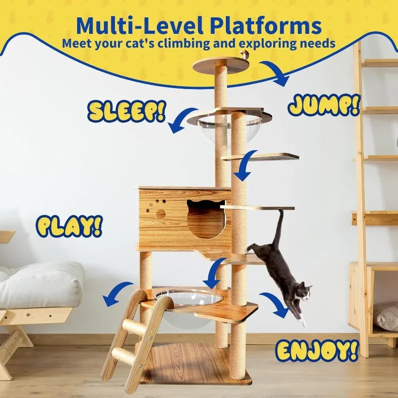 Cat Tree 59.6'' Wooden Cat Tree 6 Multi-Level Jumping Platforms Modern Cat Tree Space Capsules Cat Trees for Indoor Large Cats