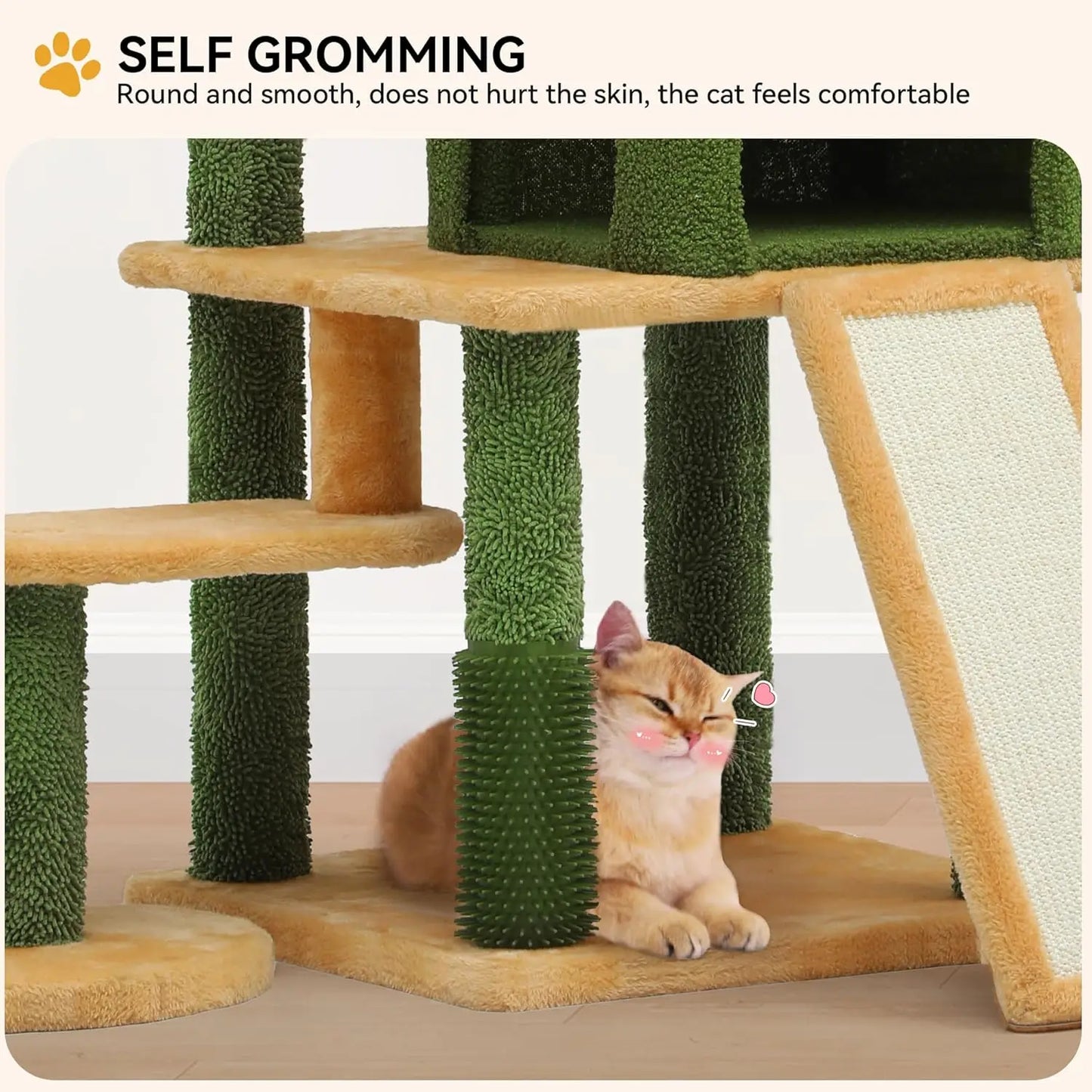 Tall Cat Tree Tower with Leaves for Indoor Cats, 72.8in Cute Cat Climbing Tower with Self-Grooming Brush, Cat Condo, Top Perch,