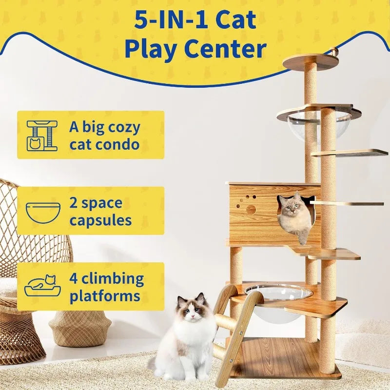 Cat Tree 59.6'' Wooden Cat Tree 6 Multi-Level Jumping Platforms Modern Cat Tree Space Capsules Cat Trees for Indoor Large Cats