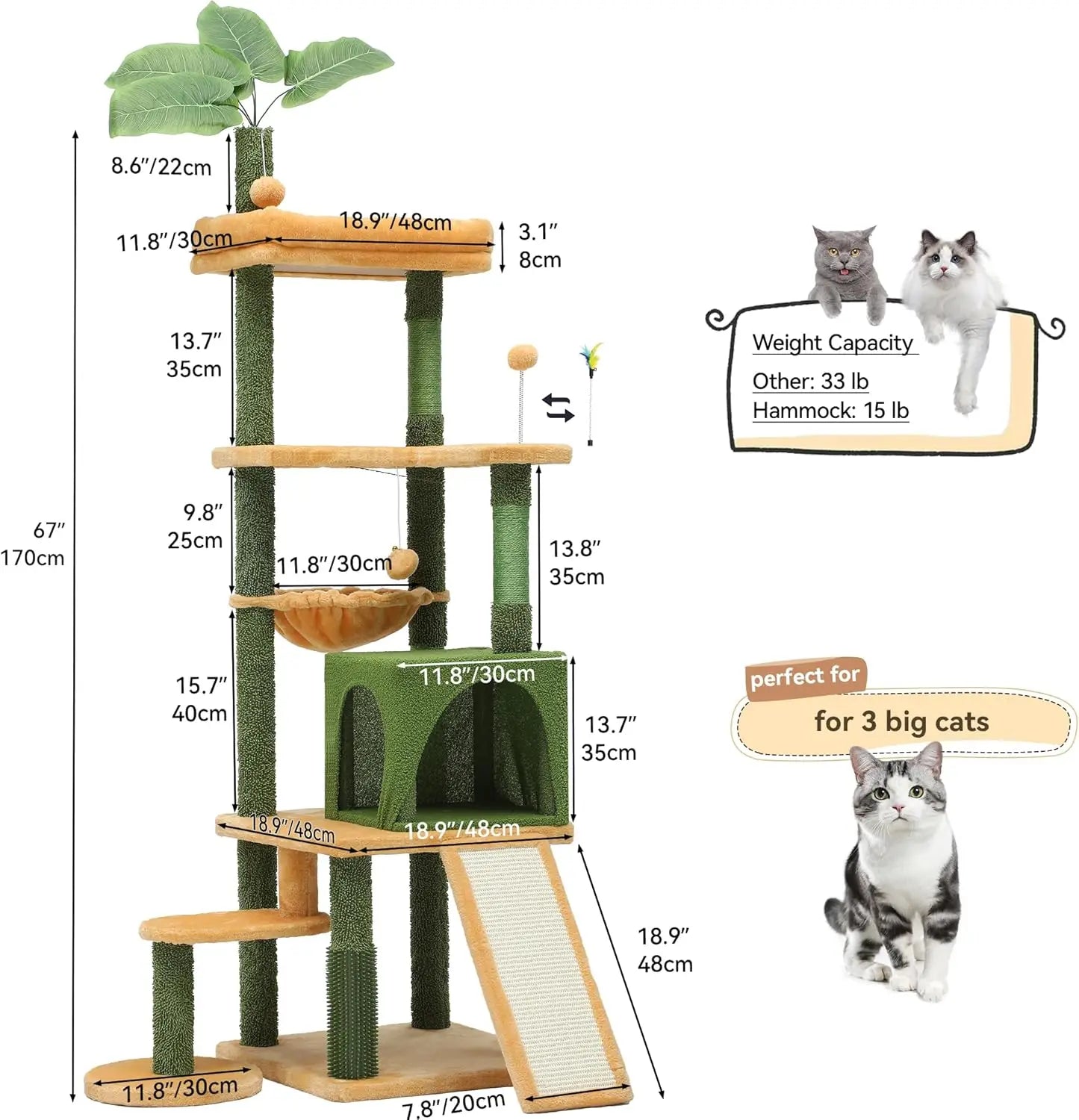 Tall Cat Tree Tower with Leaves for Indoor Cats, 72.8in Cute Cat Climbing Tower with Self-Grooming Brush, Cat Condo, Top Perch,