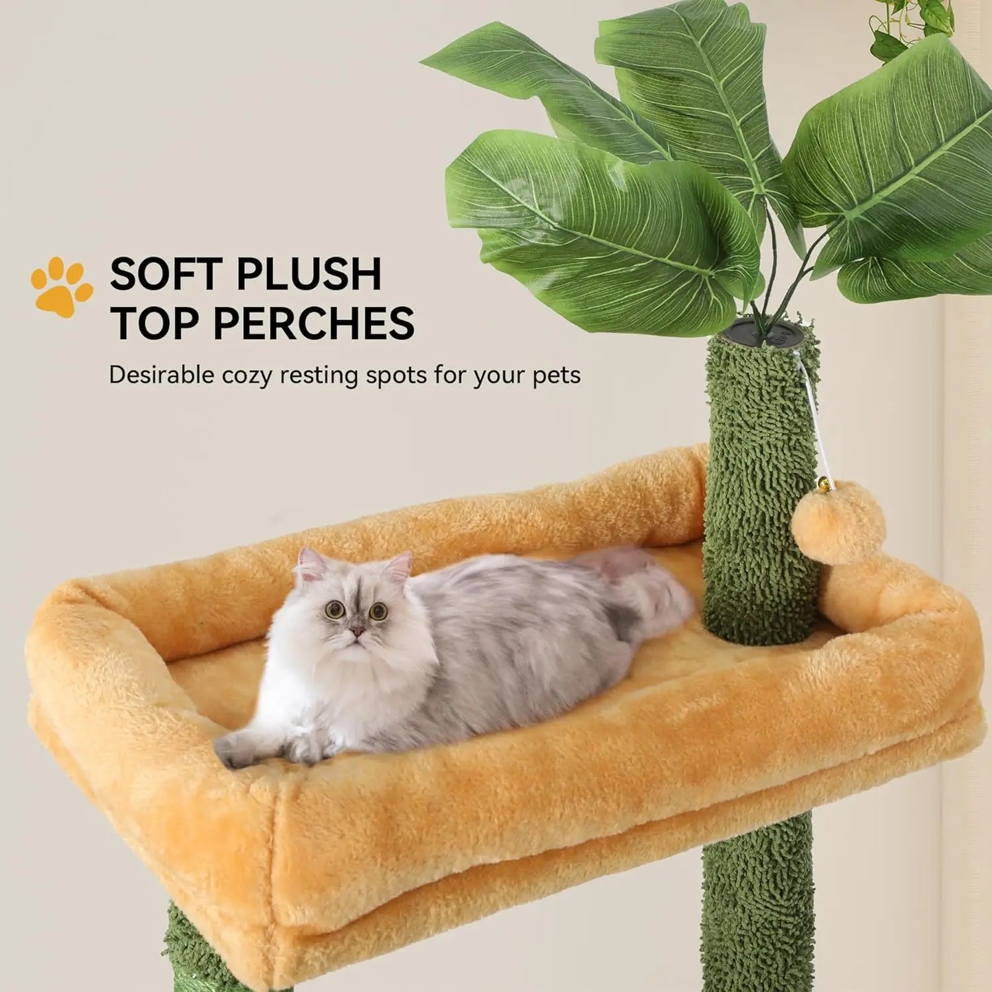 Tall Cat Tree Tower with Leaves for Indoor Cats, 72.8in Cute Cat Climbing Tower with Self-Grooming Brush, Cat Condo, Top Perch,