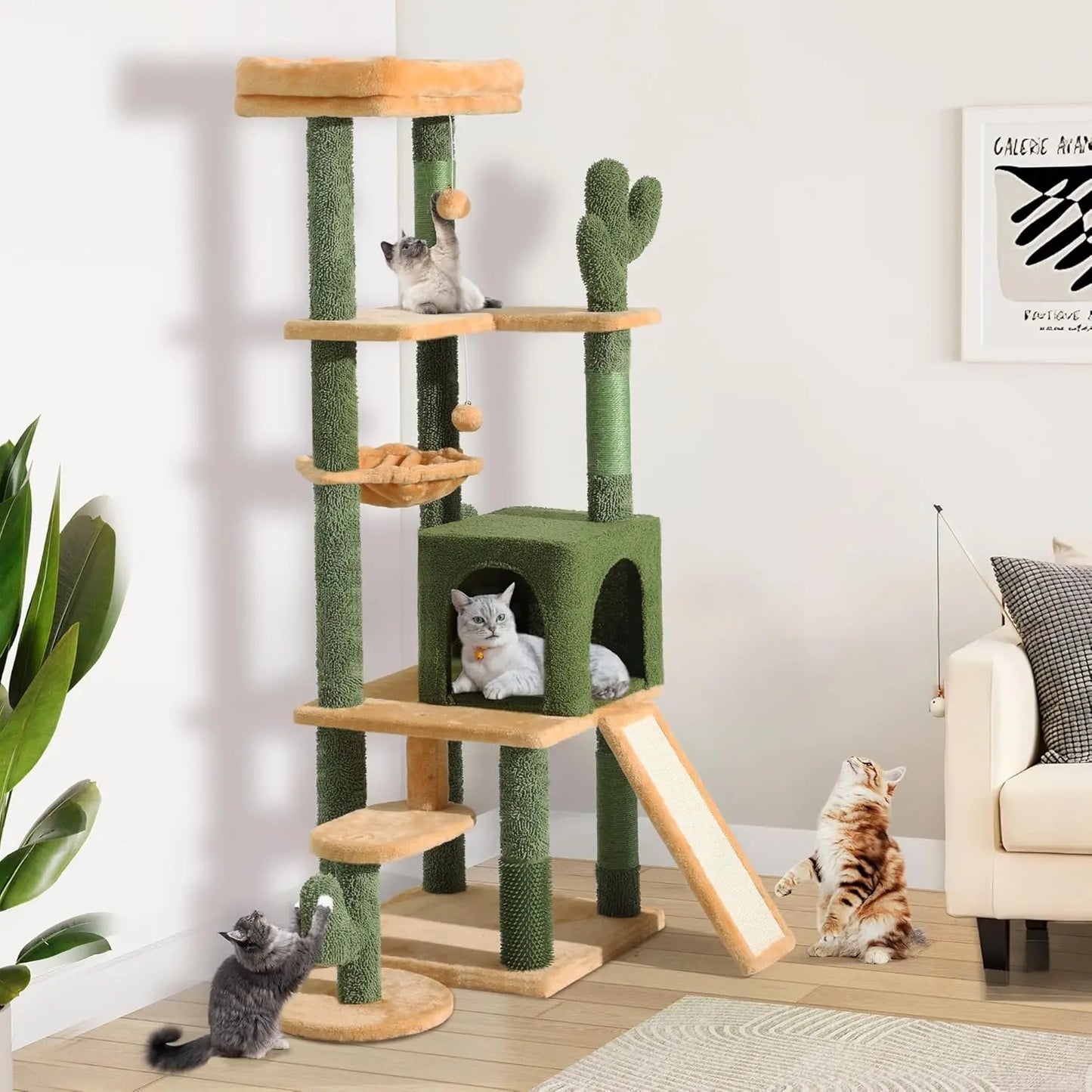 Tall Cat Tree Tower with Leaves for Indoor Cats, 72.8in Cute Cat Climbing Tower with Self-Grooming Brush, Cat Condo, Top Perch,