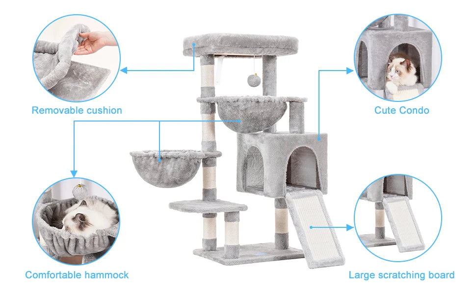 Cat Tree Cat Tower for Indoor Cats, Cat House with Large Padded Bed, Cozy Condo, Hammocks, Sisal Scratching Posts, Big Scratcher