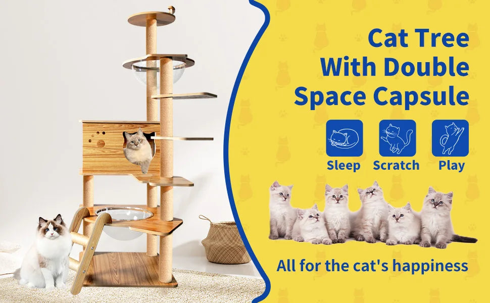Cat Tree 59.6'' Wooden Cat Tree 6 Multi-Level Jumping Platforms Modern Cat Tree Space Capsules Cat Trees for Indoor Large Cats