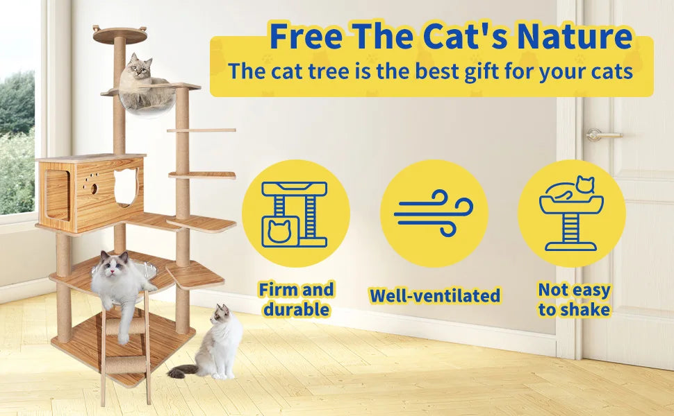 Cat Tree 59.6'' Wooden Cat Tree 6 Multi-Level Jumping Platforms Modern Cat Tree Space Capsules Cat Trees for Indoor Large Cats