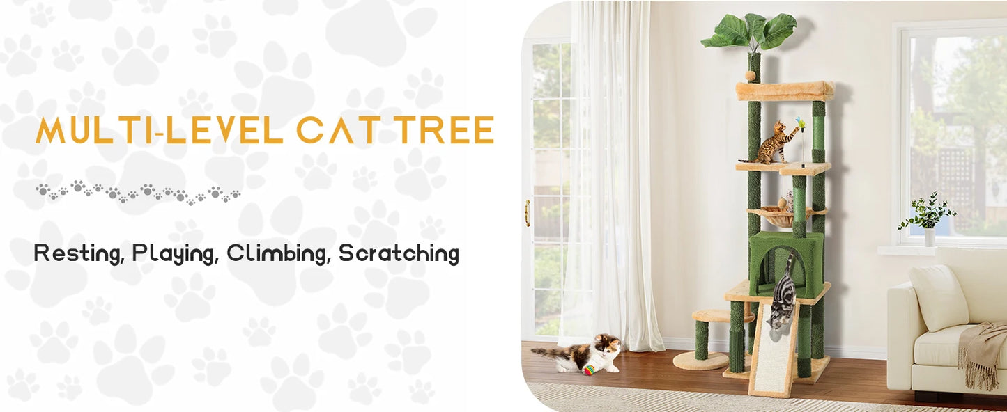 Tall Cat Tree Tower with Leaves for Indoor Cats, 72.8in Cute Cat Climbing Tower with Self-Grooming Brush, Cat Condo, Top Perch,