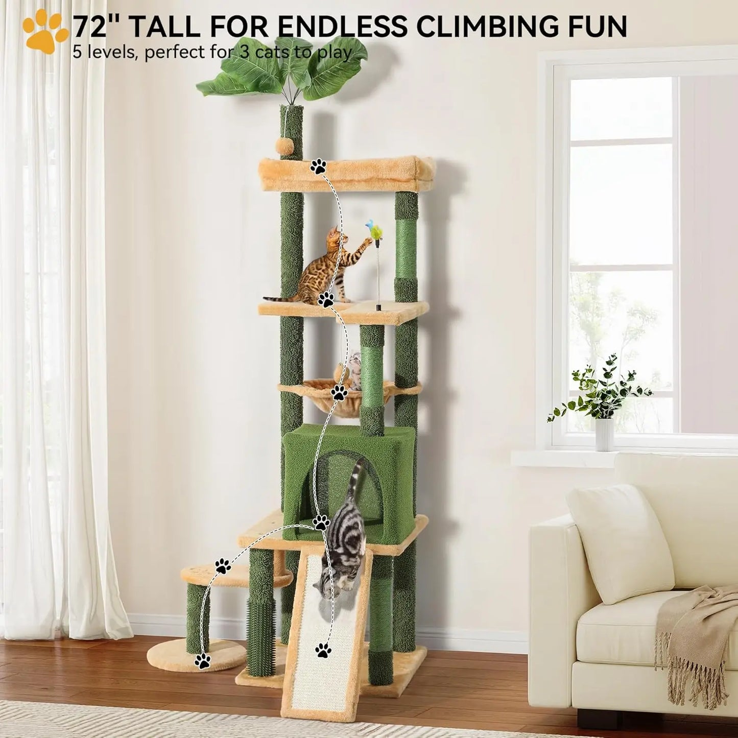 Tall Cat Tree Tower with Leaves for Indoor Cats, 72.8in Cute Cat Climbing Tower with Self-Grooming Brush, Cat Condo, Top Perch,