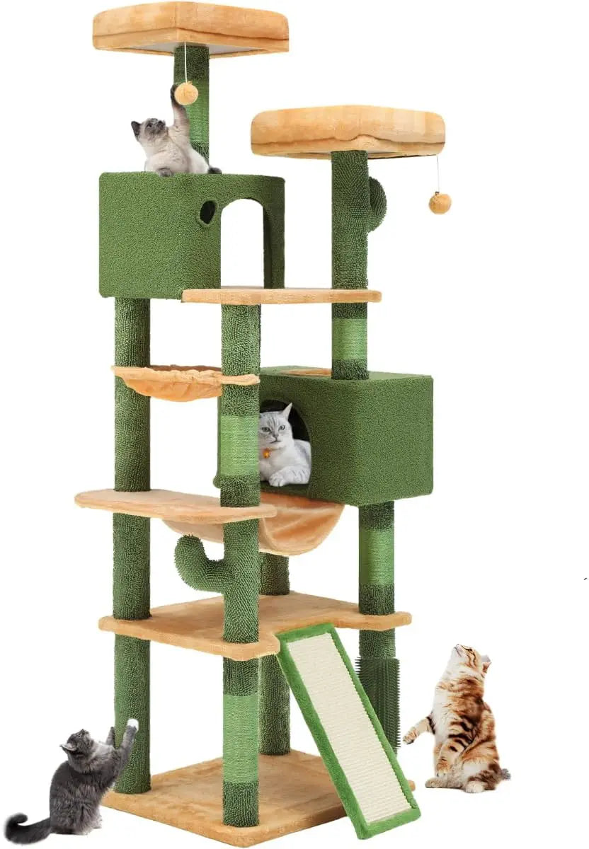 Tall Cat Tree Tower with Leaves for Indoor Cats, 72.8in Cute Cat Climbing Tower with Self-Grooming Brush, Cat Condo, Top Perch,