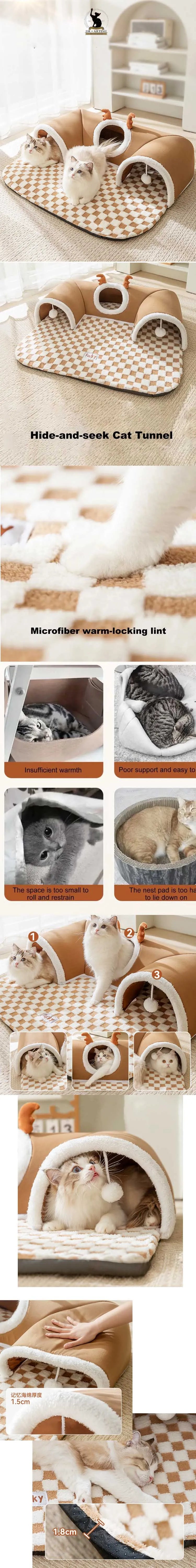 Warm Pet House Cat Tunnel Bed with Peekaboo Plush Ballet Toy Indoor Kitten Tube Accent for Multiple Cats Small for Rabbit