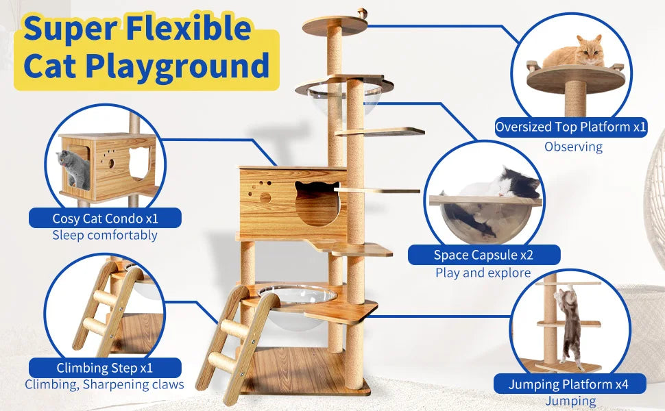Cat Tree 59.6'' Wooden Cat Tree 6 Multi-Level Jumping Platforms Modern Cat Tree Space Capsules Cat Trees for Indoor Large Cats
