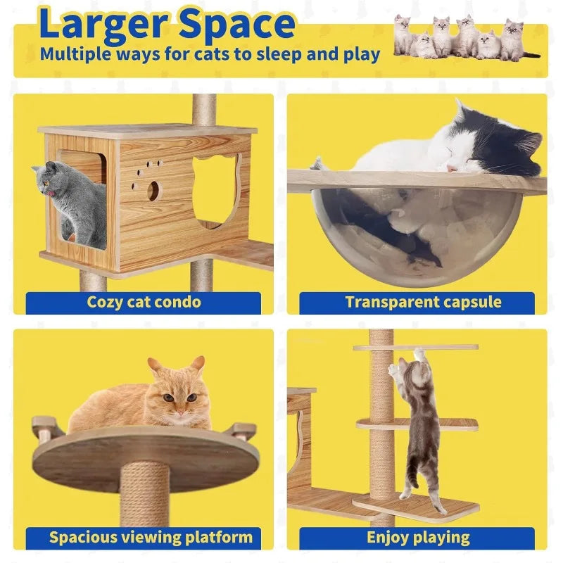 Cat Tree 59.6'' Wooden Cat Tree 6 Multi-Level Jumping Platforms Modern Cat Tree Space Capsules Cat Trees for Indoor Large Cats