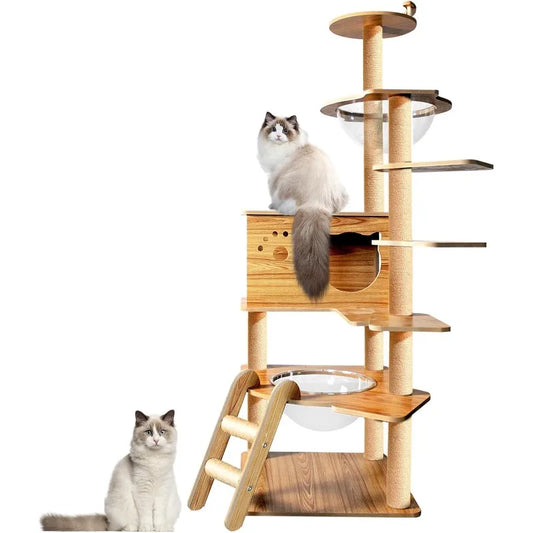 Cat Tree 59.6'' Wooden Cat Tree 6 Multi-Level Jumping Platforms Modern Cat Tree Space Capsules Cat Trees for Indoor Large Cats