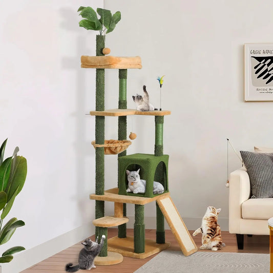 Tall Cat Tree Tower with Leaves for Indoor Cats, 72.8in Cute Cat Climbing Tower with Self-Grooming Brush, Cat Condo, Top Perch,